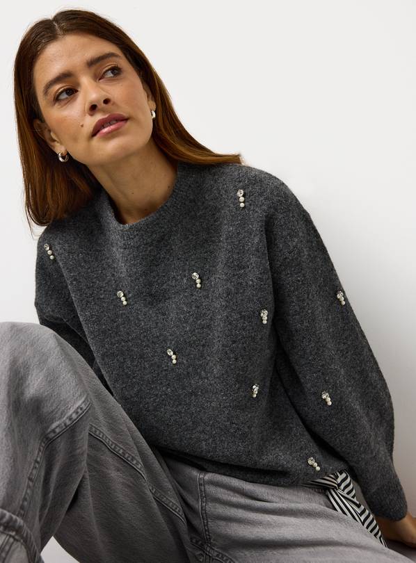 Dark Grey Pearl Diamante Embellished Crew Jumper 12
